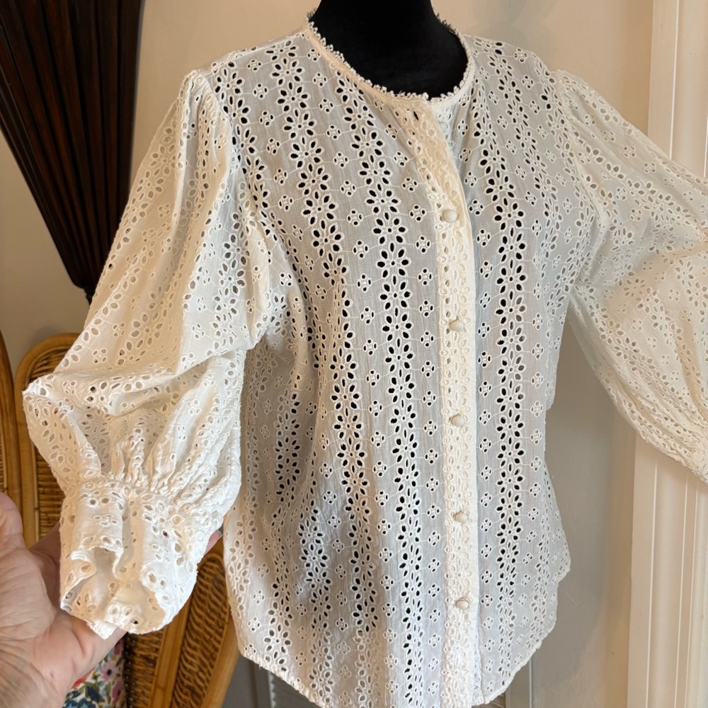 KOOPLES Paris White Cotton Eyelet Embroidered Long Sleeve Button Up Shirt Top. L